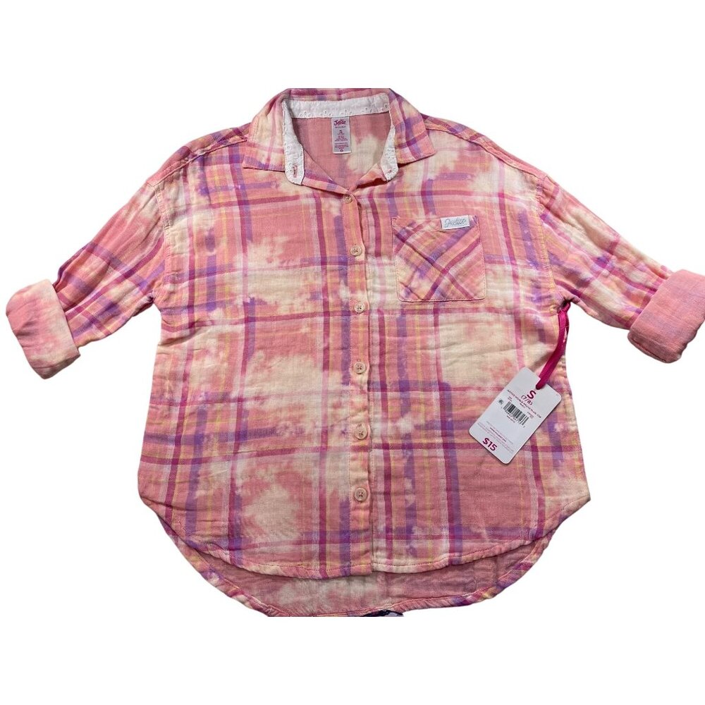 Justice Girls Size S 7/8 Pink Tie-Dye Plaid Button-Up Shirt100% Cotton Casual